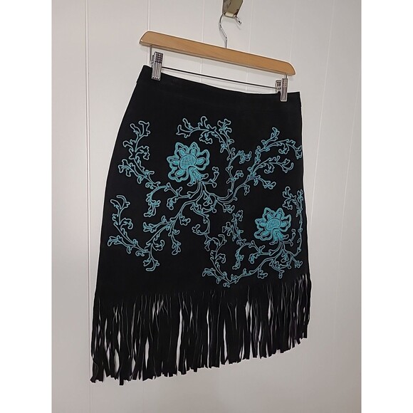 Vintage Western Rodeo Fringe Black Blue Leather Embroidered Skirt Size 10 - Picture 2 of 10